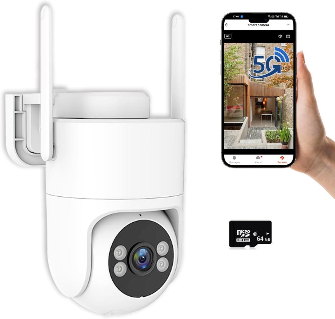 6MP TUYA Security Camera Outdoor, 2.4G/5G WiFi Cameras for Home Security 24/7 Recording, Pan-Tilt 360 View, Auto Tracking & Light Alarm, Color Night Vision,Two-Way Audio, Plug-in cam, IP66/Cloud/64GB (White + 64GB SD Card)