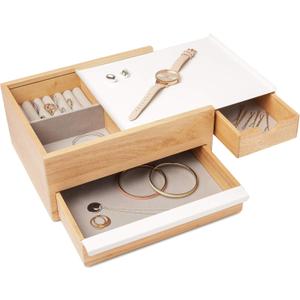 Umbra Stowit Jewelry Box - Modern Keepsake Storage Organizer with Hidden Compartment Drawers for Ring, Bracelet, Watch, Necklace, Earrings, and Accessories (Medium, White/Natural)
