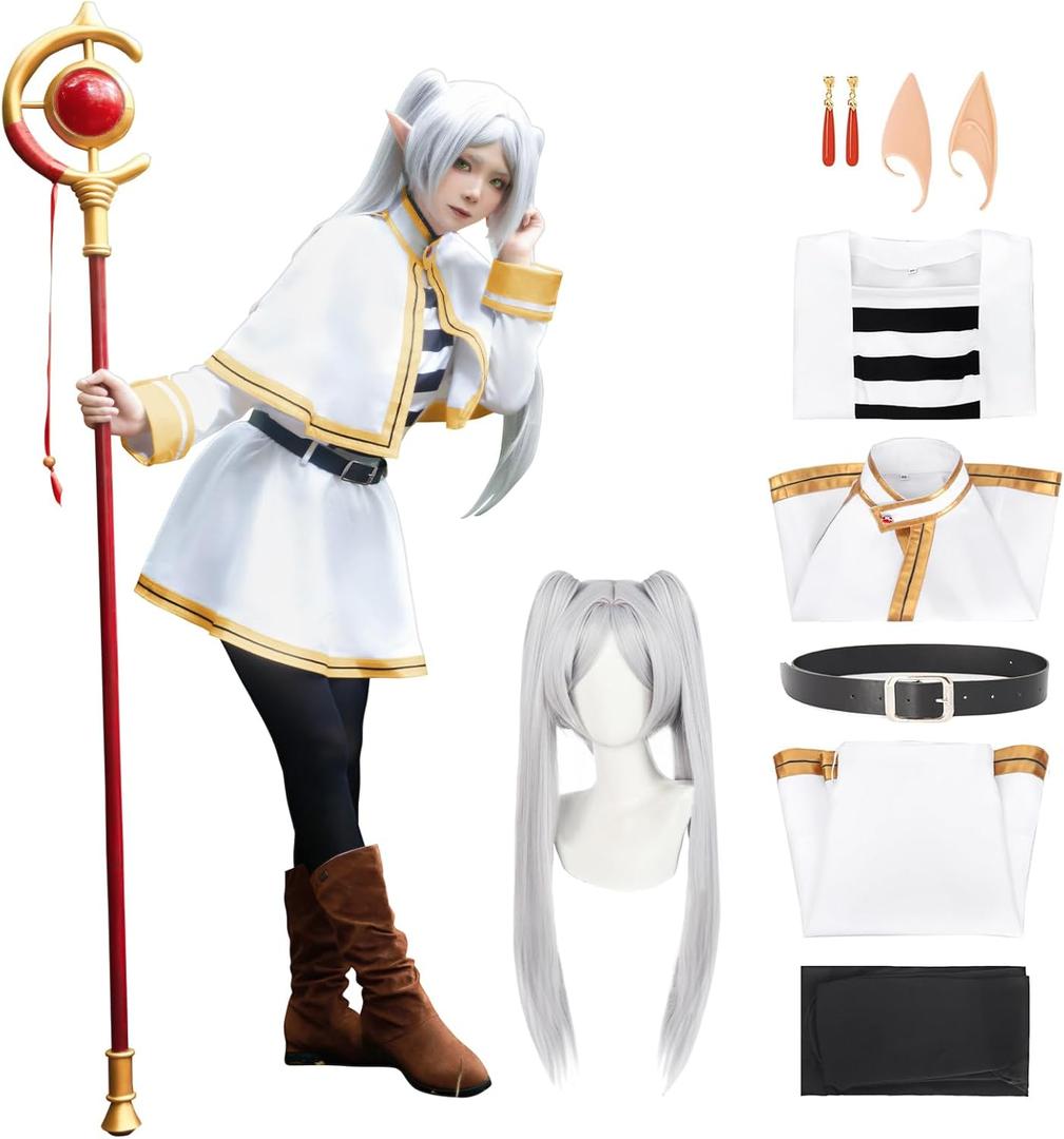 Anime Cosplay Elf Dress Fern Costume Wizard Skirt Halloween (Medium, White+wigears)