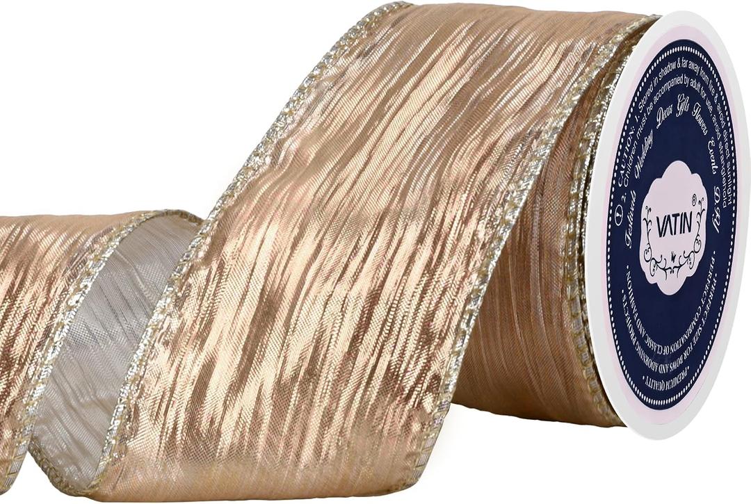 VATIN Light Champagne Crinkled Wired Ribbon with Metallic Edge, Christmas Ribbon for Garland, Wreaths, Topper Bow, Swags, Christmas Tree Decoration 2-1/2 Inch x 10 Yard