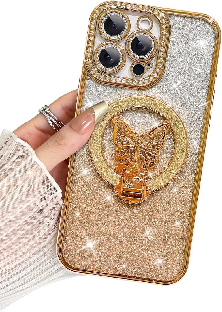 BITOBE Designed for iPhone 16 Pro Max, Cute 3D Butterfly Case Slim Plating Glitter Bling Luxury Rhinestone Cover with Kickstand for Women Girls Protective Camera Protection Bumper 6.9" Gold