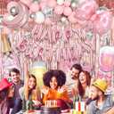 Ouddy Life Pink Happy Birthday Party Decorations for Women Girls, Pink Happy Birthday Love Crown Bow Bottle Lipstick Balloons Fringe Curtain for Princess Birthday Wedding Mother's Day Party Supplies