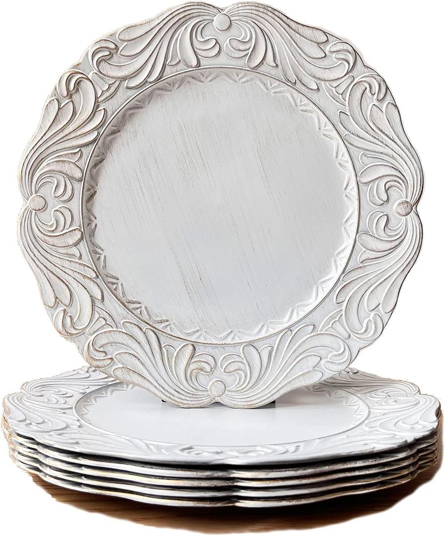 Antique White Charger Plates with Gold Rim, 13" Embossed Plastic Table Chargers for Dinner Plate, Set of 6 Elegant Wedding Decor.