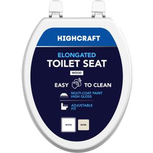 HIGHCRAFT Elongated Toilet Seat with Adjustable Hinges - Molded Wood Toilet Seat - Fits Standard Elongated Toilets - Oval Seat in White