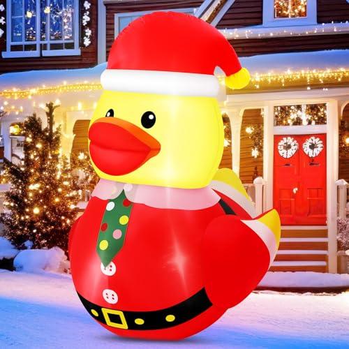 Leyndo 1 Set 5FT Christmas Inflatables Decoration Outdoor Inflatables Duck with Build-in LEDs Lights Giant Blow Up Duck Wear Christmas Hat Santa Claus Costume for Mall Garden Patio Lawn Indoor Party