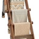 VASAGLE Blanket Ladder for Living Room, 5-Tier Wooden Ladder Shelf, Decorative Farmhouse Blanket Rack with Synthetic Leather Bag, Metal Hooks, Side Hooks, for Bedroom, Caramel Brown ULLS022K01