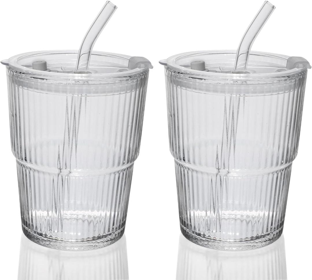 13OZ/400ML Ice Coffee Glass Tumbler, Thick Wall Water Glass Cup Mug Tea with Straw and Lid Sealed Carry On Clear 2Pack