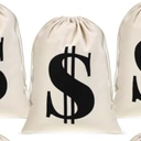 Sunnymove 3 Pcs Large 11.8 x 15.7 Inches Money Bag Prop Canvas Drawstring Money Bag Dollar Sign Carrying Sack for Bank Robber Pirate Cowboy Cosplay Theme Halloween Party Favors(White)