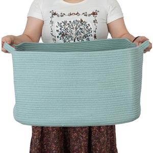 Large Rectangle Blankets Basket Living Room 22"x17"x12" Woven Cotton Rope Storage Baskets for Nursery Toy Baskets for Kids and Dogs Wicker Laundry Basket Bin for Clothes Towels green