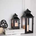 LED Lanterns Decorative Outdoor&Indoor, Set of 2 (17&11) Large Black Metal Lantern Decor with bronze brush, Candle Holder for Porch, Patio, Garden, Balcony, Wedding Decorations (No Glass)