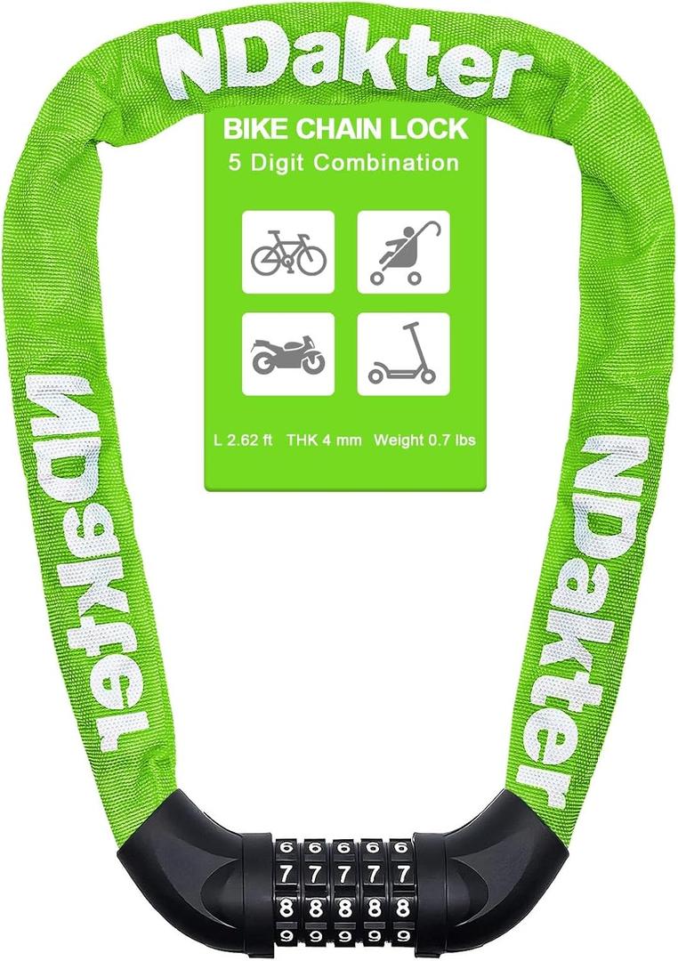 NDakter Bike Chain Lock, 5 Digit Combination Heavy Duty Anti Theft Bicycle Chain Lock,2.62 Ft Long Security Resettable Bike Locks for Bike, Bicycle, Scooter, Door, Gate, Fence-4 mm Thick (Green)