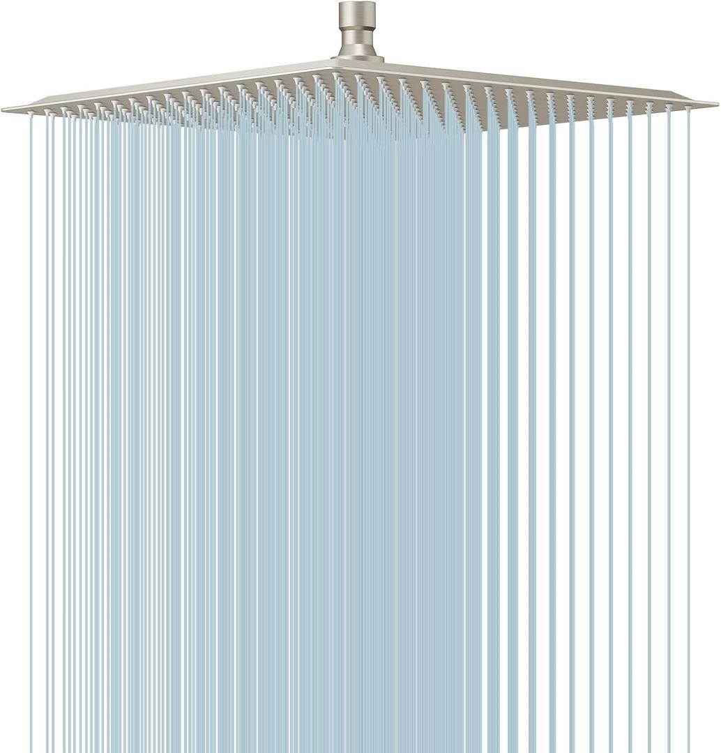 BESy 16 Inch Rain Shower Head, 16" Square Rainfall & High Pressure Stainless Steel Bath Shower Head, 1/16" Ultra Thin, Waterfall Full Body Coverage with Silicone Nozzle, Non Fingerprint Brushed Finish