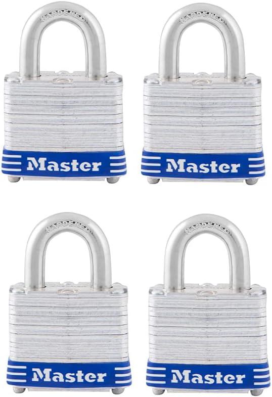 Master Lock 3008D Outdoor Padlock with Key, 4 Pack Keyed-Alike Silver 1-1/2 Inch