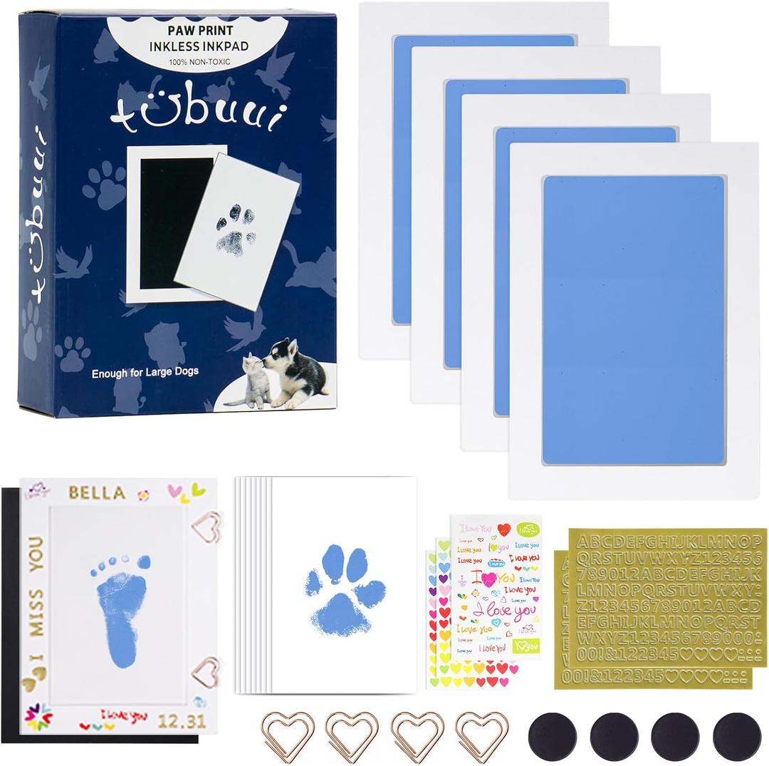 Paw Print Kit for Dogs Cats,Inkless Baby Hand and Footprint Kit, Dog Nose Print Kit,Clean Touch Ink Pad Kit,No Mess Newborn Baby Footprint Kit, Pet Paw Print Kit for Family Keepsake (Large (Pack of 4), Blue)