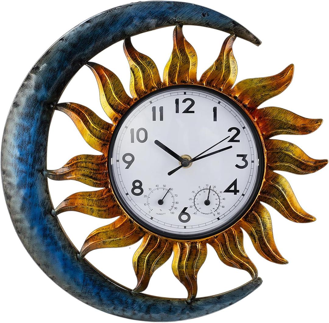 shumi Sun and Moon Outdoor Clock, Decorative Wall Clock for Patio Living Room,Silent Non-Ticking Outdoor Clock Thermometer Combo