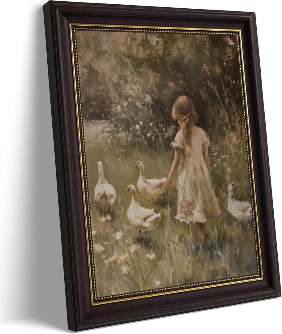 Framed Girl Duck Canvas Wall Art Rural Countryside White Goose Painting Picture wall decor Retro farmhouse Duckling Wildflower Poster Print for Living Room Bathroom Bedroom Nursery Home Decoration