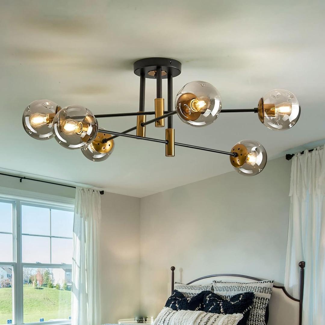 SZXYKEJI6-Lights Glass Globe Sputnik Chandelier Modern Flush Mount Ceiling Light Fixture Farmhouse Lighting for Dining Room Living Room Bedroom Kitchen Passageway(Balck and Gold), 33.46 inches