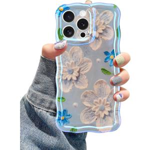 Jusy Compatible with iPhone 11 Pro Max, Colorful Retro Oil Painting Printed Flower Laser Glossy Pattern Cute Curly Wave Phone Case Soft TPU Cover for Girly Women - Blue Flower