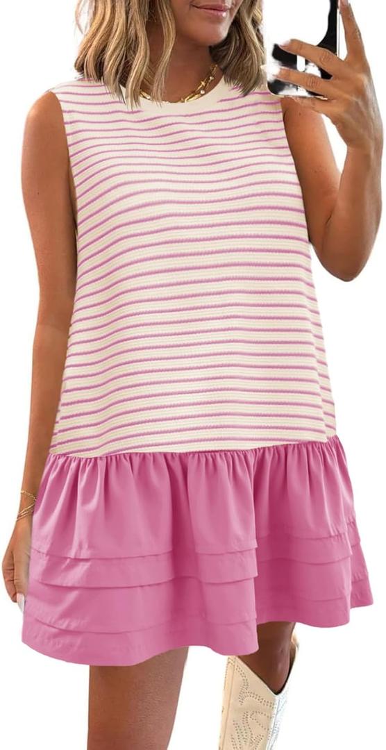 Wenrine Womens Striped Sweatshirt Dress Casual Sleeveless Crewneck Constrast Patchwork Loose Tank Mini Dresses (Pink, S)