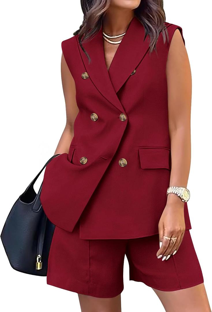 BTFBM Two Piece Sets For Women Summer 2026 Pockets Button Sleeveless Vest And Shorts Spring Work Business Casual Outfits Wine Red M