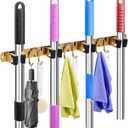 Mop Broom Holder Wall Mount, Gold Stainless Steel Tool Storage Organizer for Kitchen Garden Garage Laundry Room Bathroom and RV with 4 Slots 6 Hooks (Gold-1 Pack)