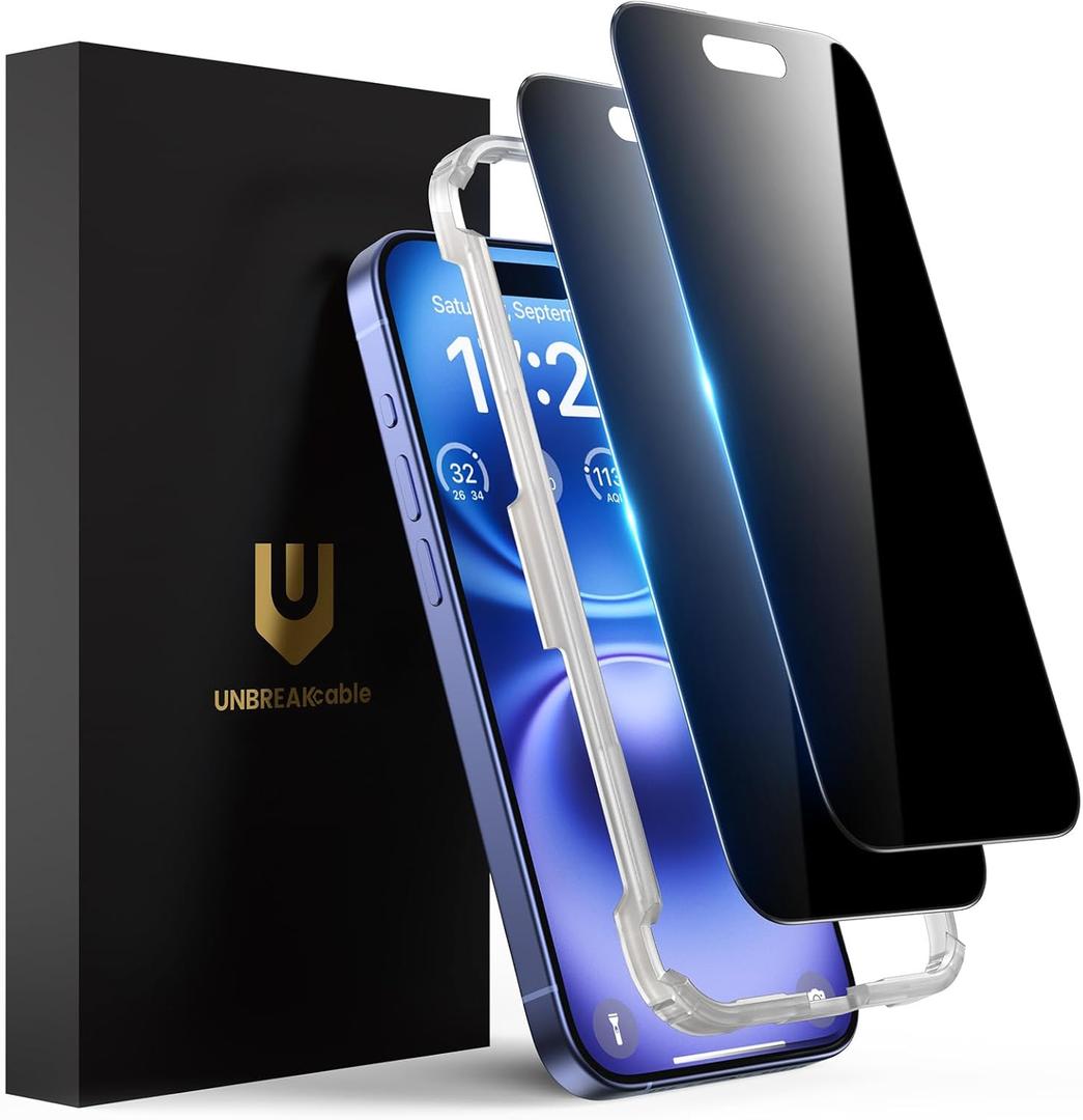 UNBREAKcable Privacy Screen Protector for iPhone 16, Anti-Spy Shatterproof Tempered Glass [True 28Anti Spy] [9H Hardness] [Easy Installation Frame] Black Protector for iPhone 6.1" - 2 Pack