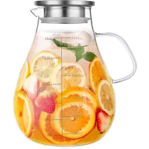 Glass Pitcher with Lid,88 Ounces -2500ml with Precise Scale Line, Hot/Cold Water Jug, Juice and Iced Tea Beverage Carafe with Lid