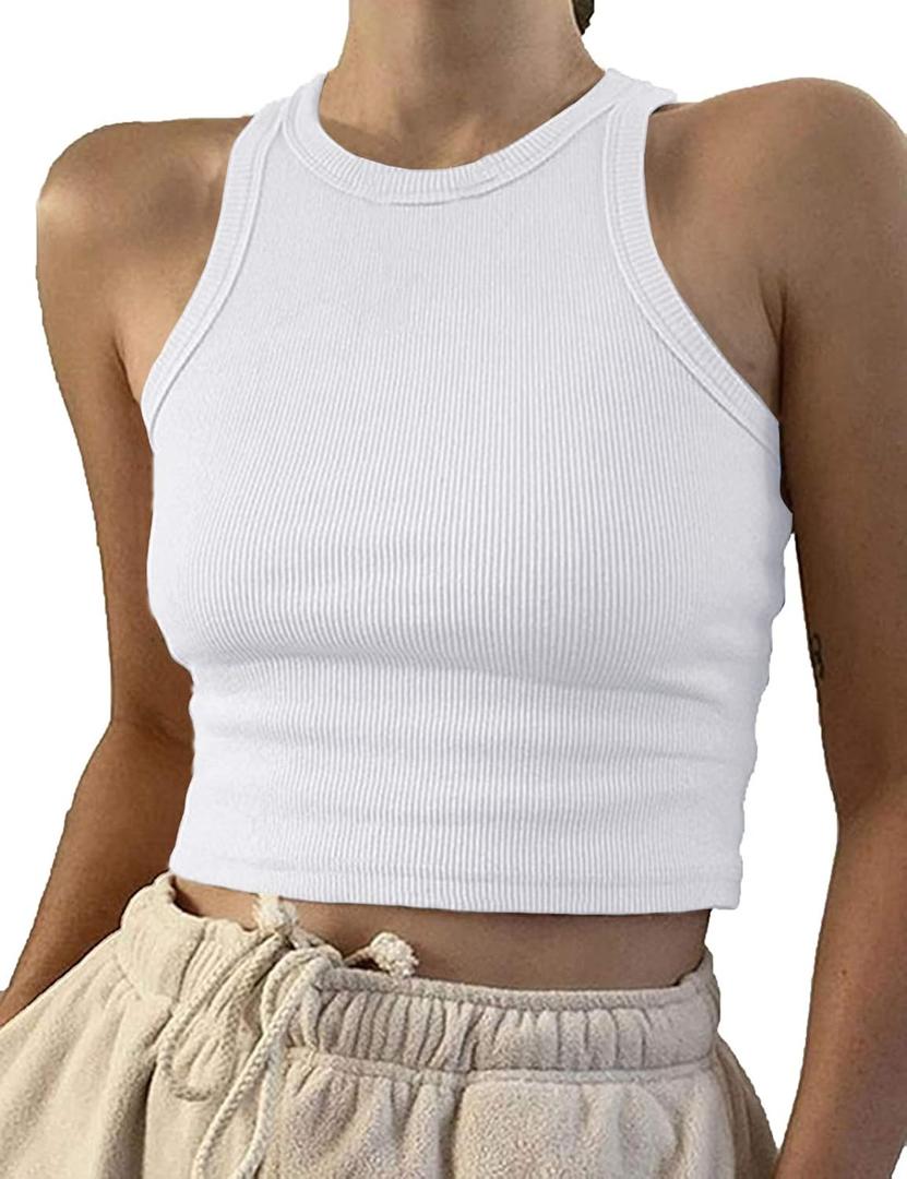 Artfish Women Casual Basic Sleeveless High Neck Rib-Knit Y2k Crop Tank Top (Small, White)