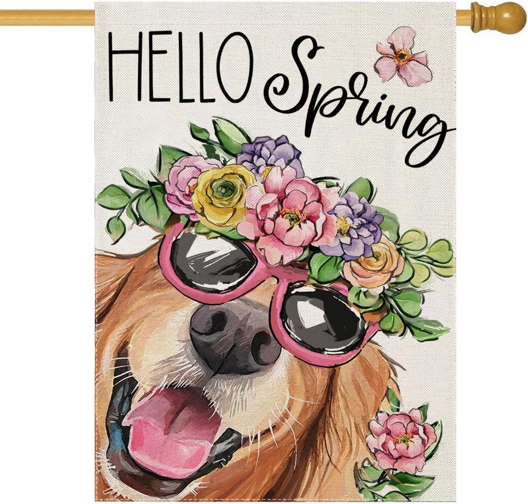 Hello Spring House Flags for Outdoor Decoration, Dog with Flowers Hat Large Yard Flag, Seasonal Decorative Celebration Decor for Summer Farmhouse Holiday Outside 28x40 Inch Vertical Double