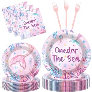 Oneder the Sea Decorations - 96 Pcs Under the Sea 1st Birthday Party Supplies, Pink Purple Ocean Animal Tableware Underwater World Disposable Paper Plate Napkin Fork for Girls Serves 24 Guests