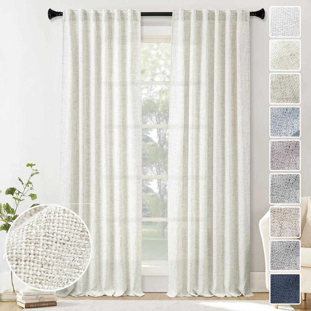 Natural Linen Curtains 108 Inches Long for Living Room 2 Panel Set Back Tab Pocket Light Filtering Privacy Semi Sheer Flax Linen Curtains Cream Boho Drapes Floor to Ceiling Length 9 FT