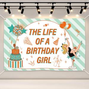 The Life of A Birthday Girl Decorations - 6*5 Ft Green Orange Showgirl Backdrop Music Themed Party Supplies for Girls Fans Bday Bachelorette Bridal Shower Background Photo Booth Props Decor