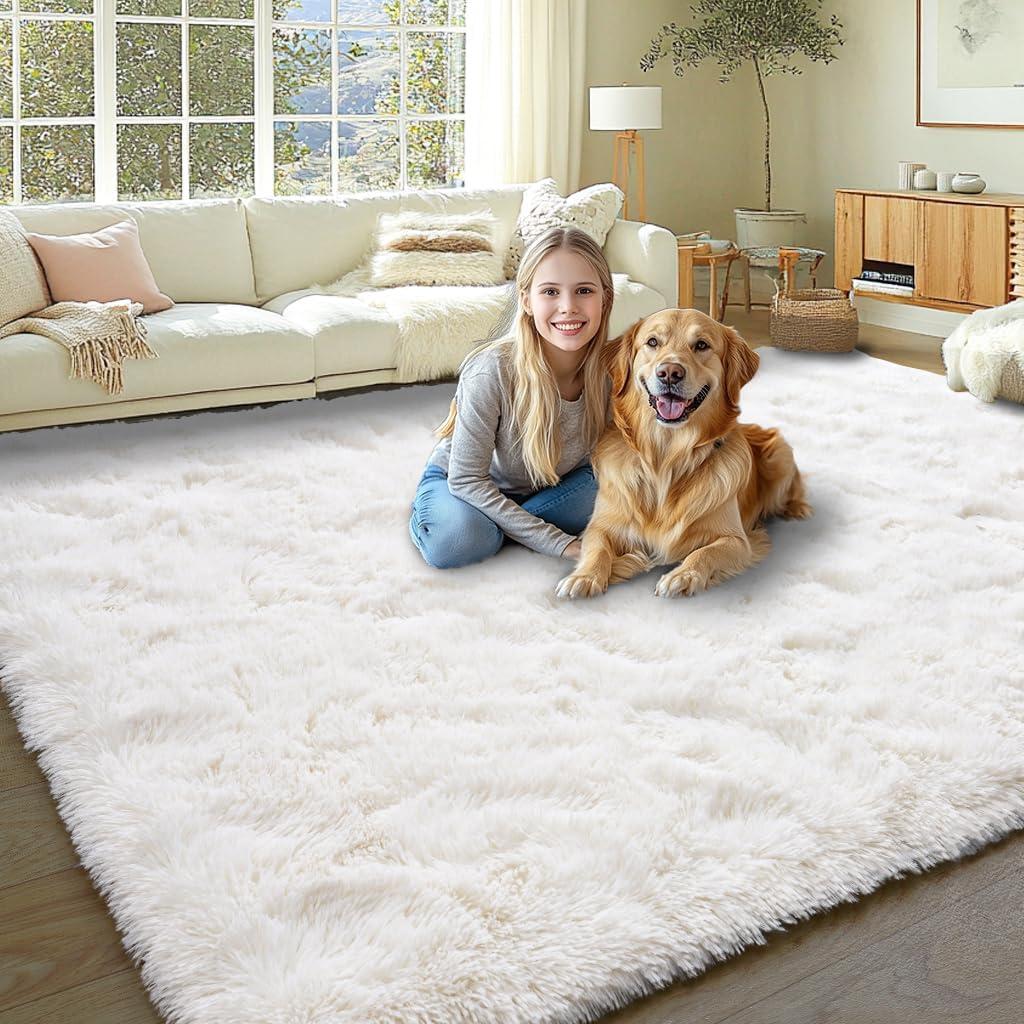 KING DARE Cream White Shag Rug 6x9, Fluffy Shaggy Living Room Area Rug, Plush Fuzzy Large Floor Carpet Anti-Slip Modern Soft Rugs for Bedroom Dorm Nursery Kids Room