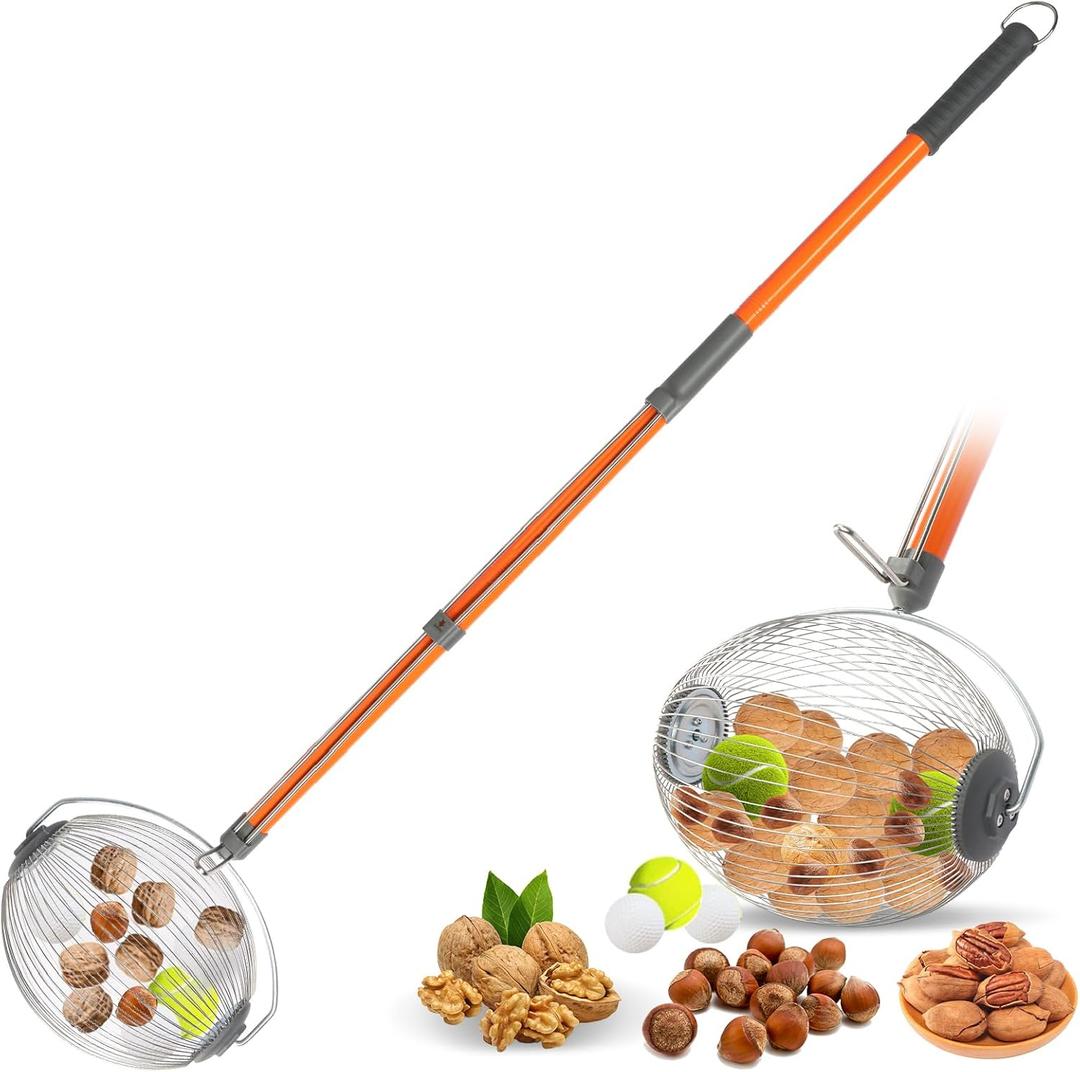 Nut Gatherer Tool Acorn Walnut Picker Upper Roller, Length Adjustable, Large Rolling Nut Collector for Pinecone, Hickory, Chestnuts, Buckeyes, Golf, Pinecone, Picks up Items 1'' to 2.5'' Size, Orange