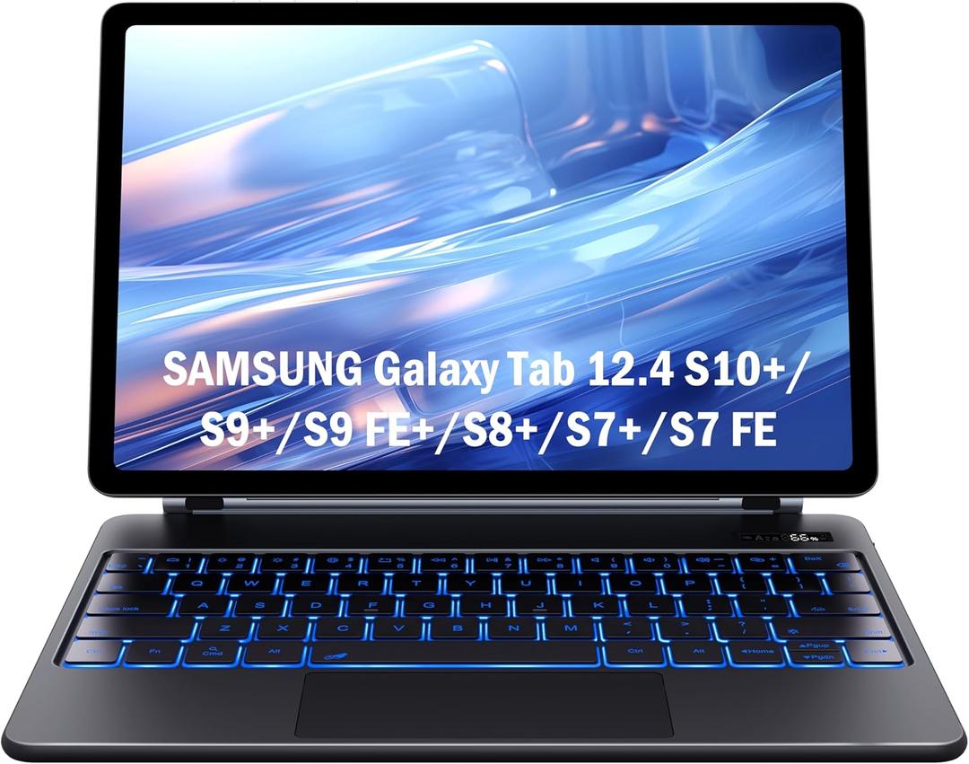 CHESONA Keyboard Case for Samsung Galaxy Tab S10+ Plus/S9+ Plus/S9 FE+ Plus/S8+ Plus/S7+ Plus/S7 FE 12.4", Floating Cantilever Magnetic Stand, Touchpad & Backlit, Pen Holder & Battery Display, Black