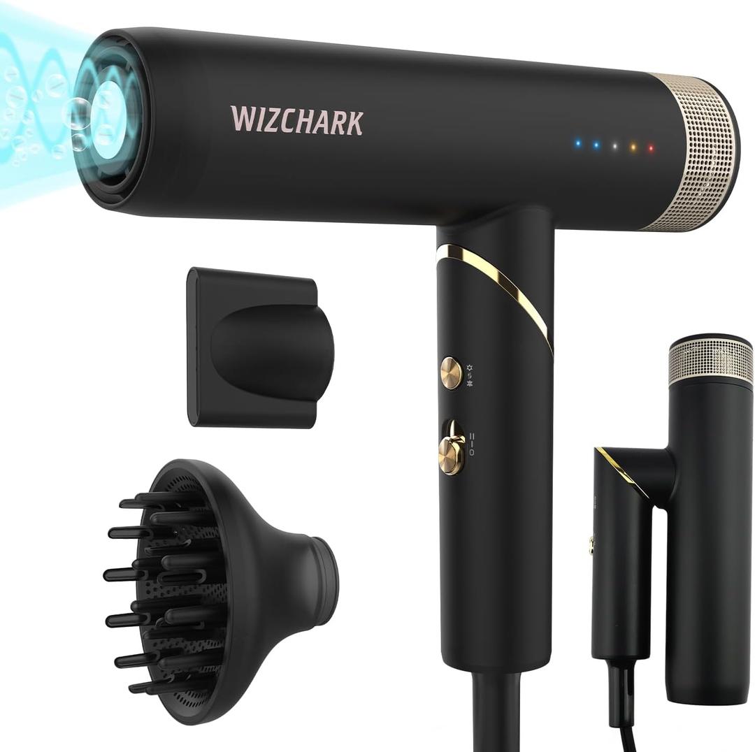 Professional Hair Dryer with Diffuser, Foldable Blow Dryer with Lightweight Design Compact Powerful & Fast Salon Hairdryer with High Speed Brushless Motor, Travel Hair Dryer Women Men (Black)