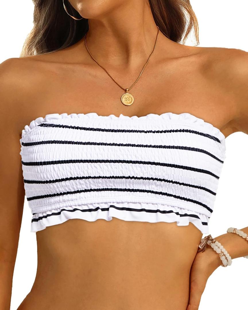 Aqua Eve Women Strapless Bikini Top Only Bandeau Swim Top Tube Top Swimsuit (Medium, Striped)