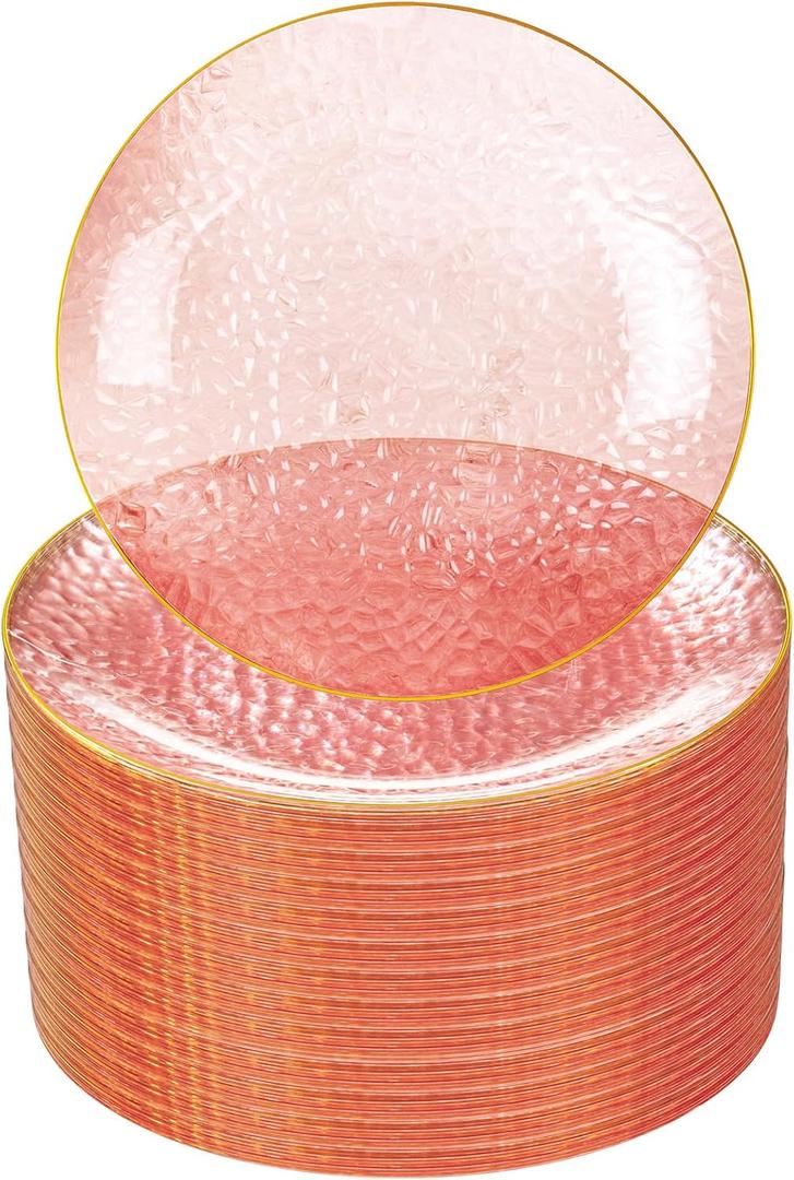 Rubtlamp 100 Pcs Pink And Gold Plastic Plates - 10 inch Clear Pink Gold Dinner Plates - Hammer Pattern Design - Fancy Disposable Plates - Heavy-Duty Party Plates Ideal for Mother's Day