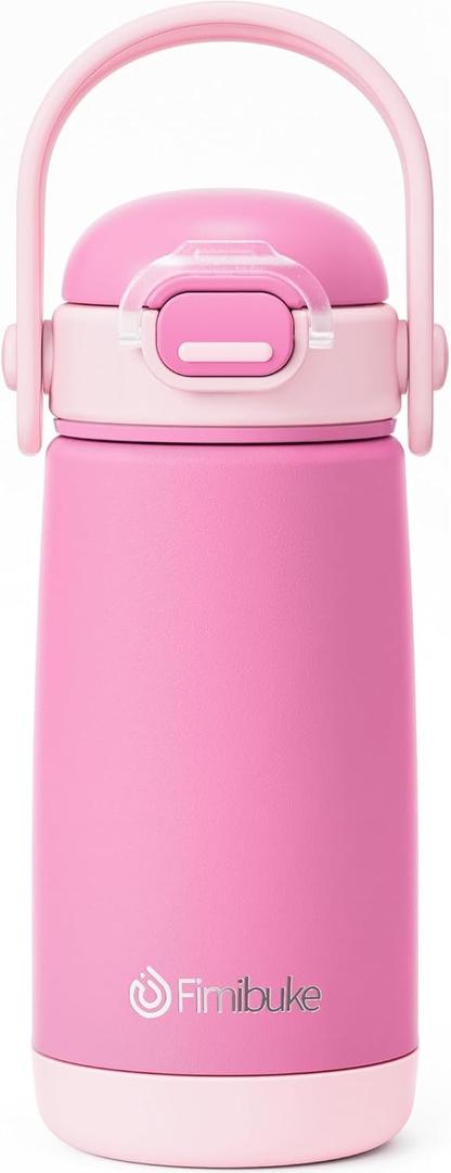 Fimibuke Kids Insulated Water Bottle with Straw Lid & Handle - 14oz BPA FREE 18/8 Stainless Steel Metal Tumbler Leak Proof Double Wall Vacuum Kids Cup Toddler Water Bottle for School Boys Girls (A5.Pink)