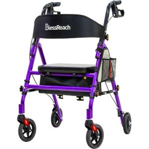 BlessReach Lightweight Foldable Rollator Walkers with Seat for Seniors, 350 lb Capacity, 5-Position Adjustable Height, Premium Hybrid Rolling Walker - Aluminum and Carbon Steel (Purple)