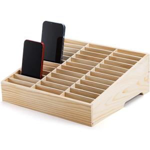 Lawei 36-Grid Wooden Cell Phone Holder, Mobile Phones and Calculator Management Storage Box, Multifunctional Desktop Organizer Storage Box for Classroom, Office, Meeting Room, Phone Rack Display