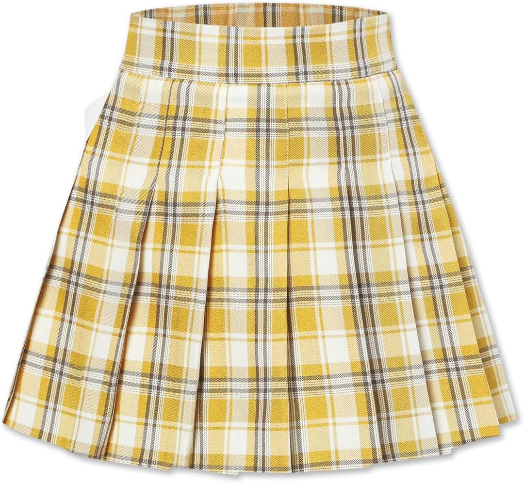 SANGTREE Women Plaid Pleated Skirt School Uniform High Waist Plus Size A Line Skort for Girls with Pockets and Shorts (L)