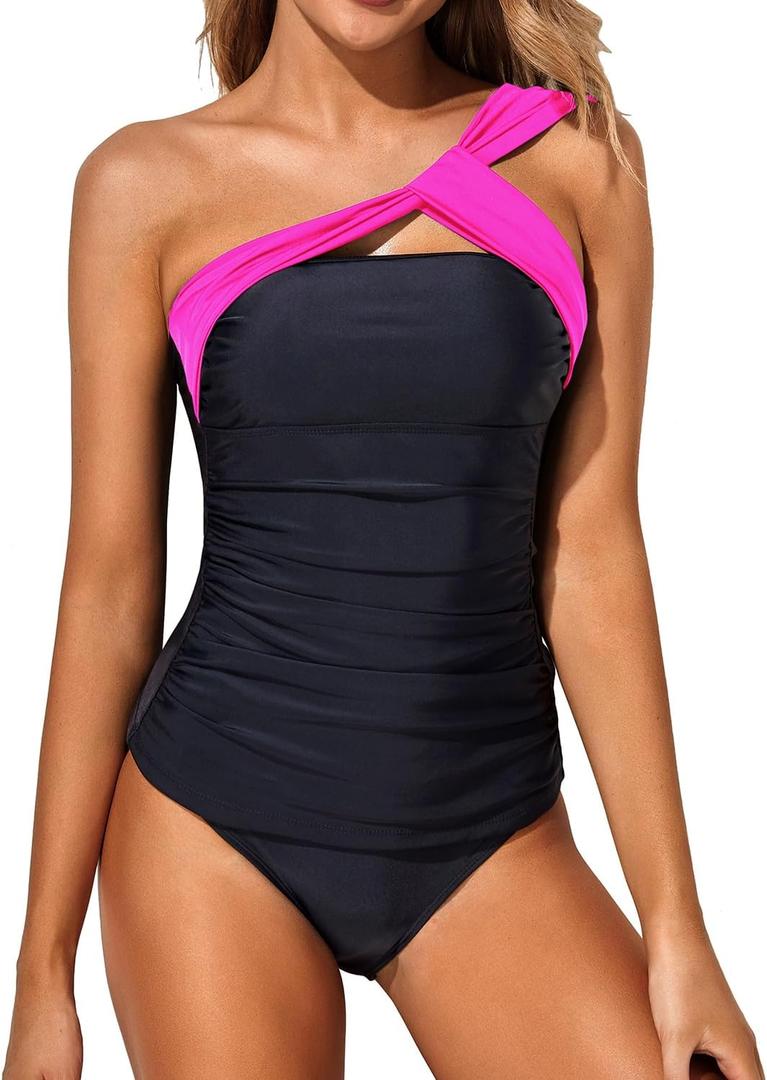 Tempt Me Two Piece Tankini Bathing Suits for Women One Shoulder Swim Top with Bottom Swimsuits (Black Pink) M