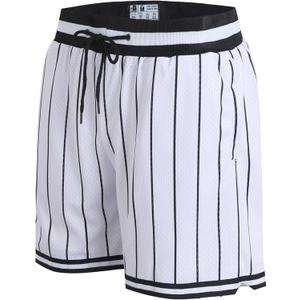 DEHANER Men's Basketball Shorts with Zip Pockets for Workout Gym Sports, Featuring Breathable Mesh Fabric (Large) Black Pinstriped-white Shorts