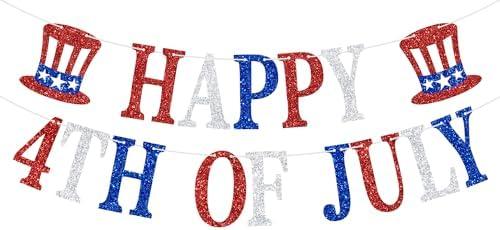 Happy 4th of July Banner, Red & Blue with Silver Fourth of July Sign, Patriotic Independence Day/Memorial Day Party Decorations, 2 Pack