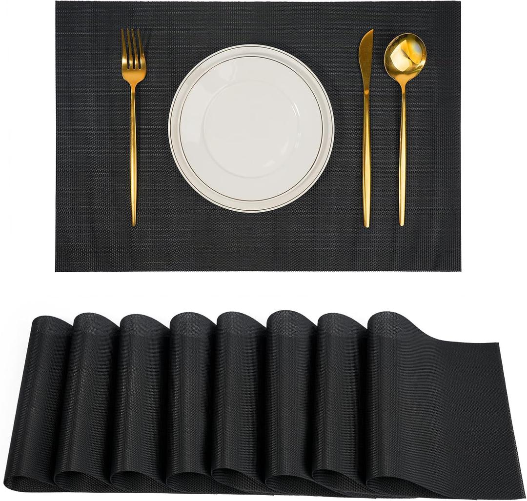 Placemats Set of 8Non-Slip PVC Weave Table Mats Easy to CleanHeat Resistant Place Mats for Kitchen Dining Table Decoration Indoor OutdoorBlack