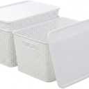 BINO | Plastic Storage Baskets with Lids, 22 Liter - 3 Pack, White | THE WOVEN COLLECTION | Storage Basket for Shelves | Woven Storage Baskets for Organizing Bins Pantry Shelf Organizer Container Bin