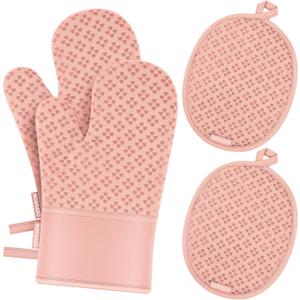 Oven Mitts and Pot Holders 4 Sets, Heat Resistant 500 Oven Mitt and Pot Holder,Oven Glove&Potholders with Non-Slip Silicone Surface,Kitchen Essentials for Cooking/Baking/BBQ-Pink