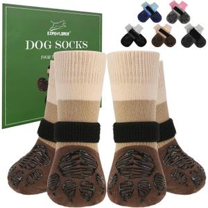 EXPAWLORER Anti Slip Dog Socks to Prevent Licking Paws, Dog Shoes for Cold Winter, Dog Booties for Hardwood Floors, Dog Boots & Paw Protectors with Grippers for Small Medium Large Senior Dogs Khaki L