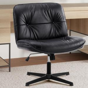 Sweetcrispy Criss Cross Legged Chair, Armless Office Desk Wide Seat No Wheels, PU Leather Swivel Height Adjustable Comfy Computer Task Seating Modern Home Room - Black